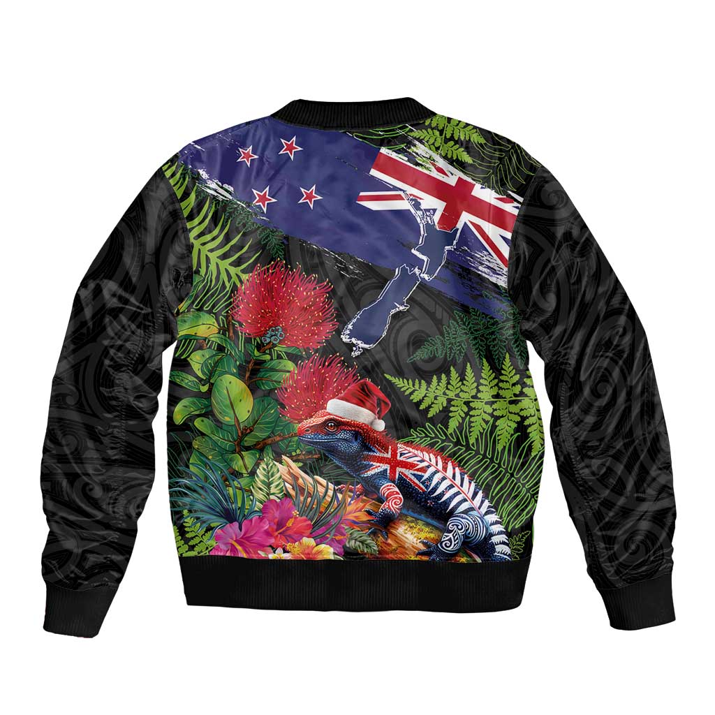 New Zealand Christmas Bomber Jacket Meri Kirihimete-Tuatara and Pohutukawa Black Color