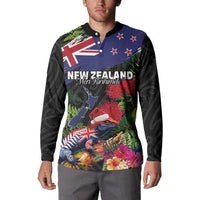 New Zealand Christmas Button Sweatshirt Meri Kirihimete-Tuatara and Pohutukawa Black Color