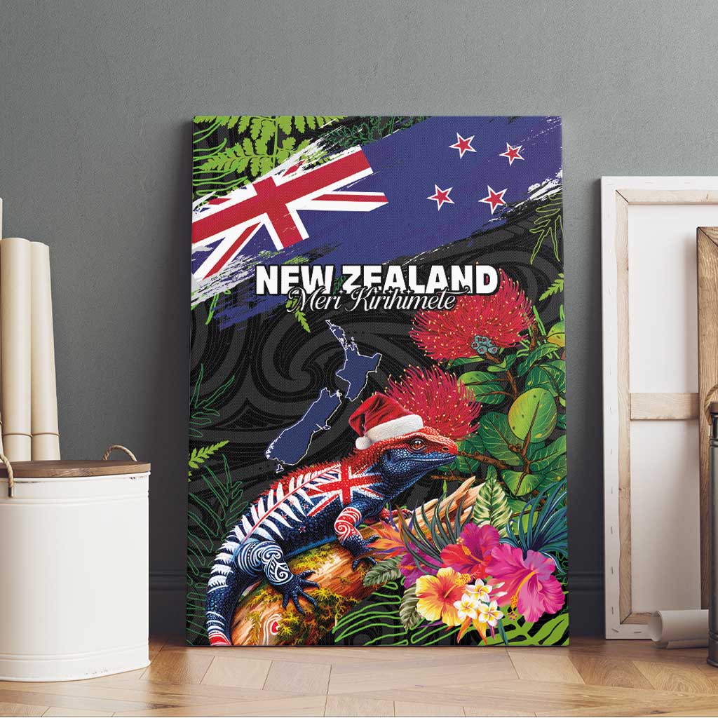 New Zealand Christmas Canvas Wall Art Meri Kirihimete-Tuatara and Pohutukawa Black Color