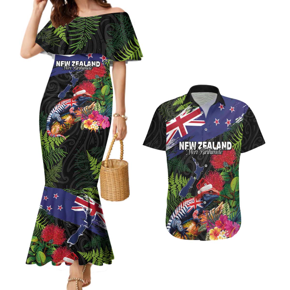 New Zealand Christmas Couples Matching Mermaid Dress and Hawaiian Shirt Meri Kirihimete-Tuatara and Pohutukawa Black Color