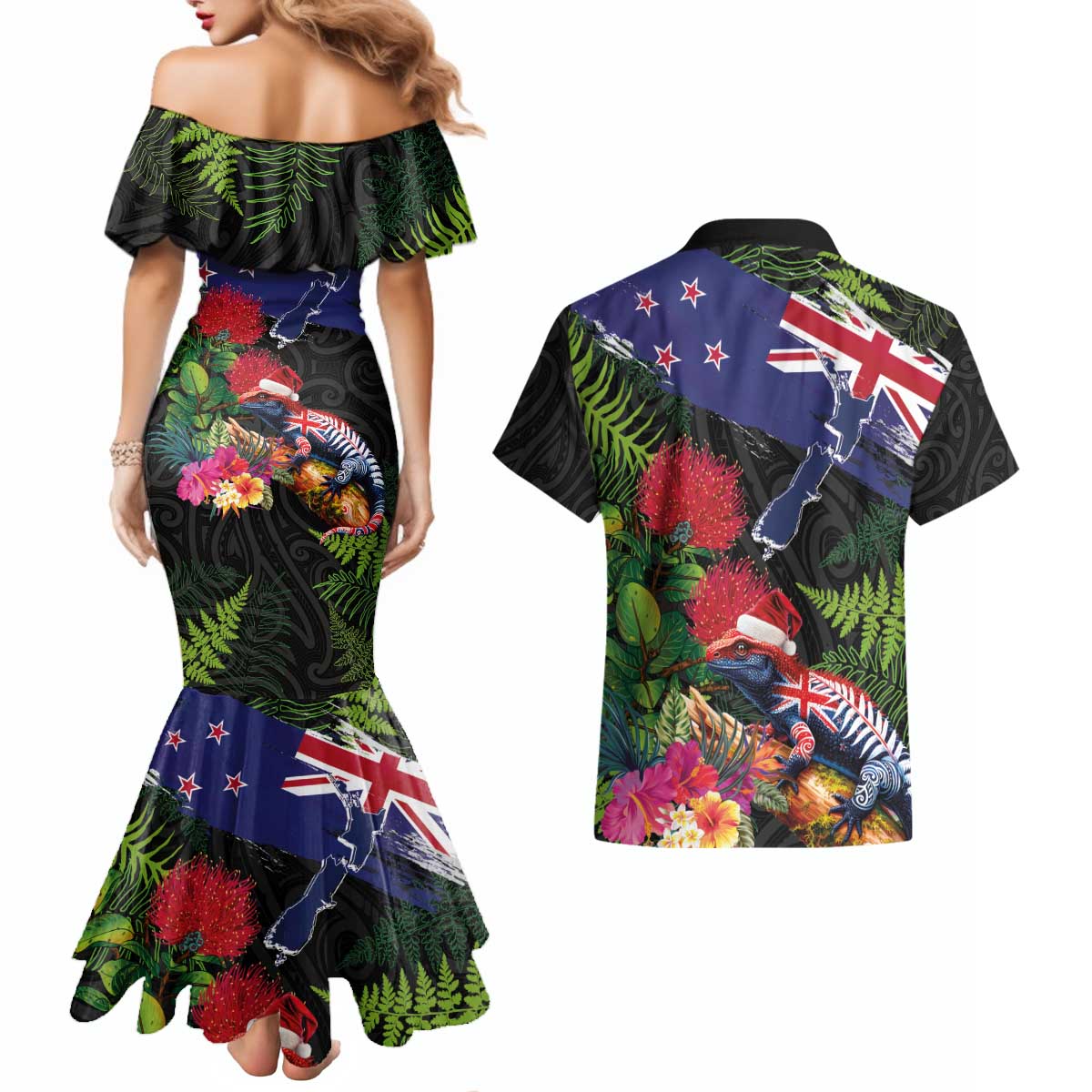 New Zealand Christmas Couples Matching Mermaid Dress and Hawaiian Shirt Meri Kirihimete-Tuatara and Pohutukawa Black Color