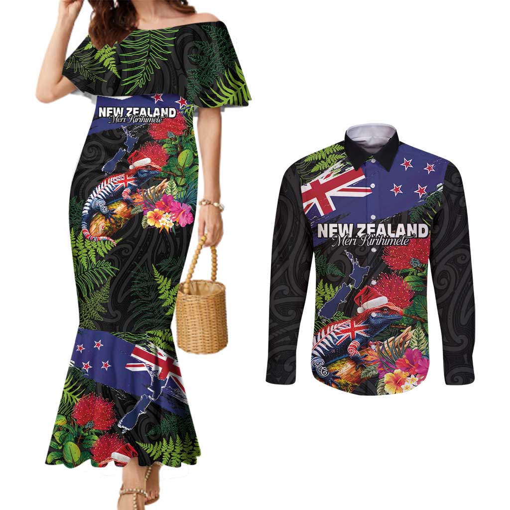 New Zealand Christmas Couples Matching Mermaid Dress and Long Sleeve Button Shirt Meri Kirihimete-Tuatara and Pohutukawa Black Color