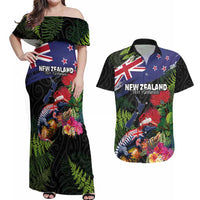 New Zealand Christmas Couples Matching Off Shoulder Maxi Dress and Hawaiian Shirt Meri Kirihimete-Tuatara and Pohutukawa Black Color