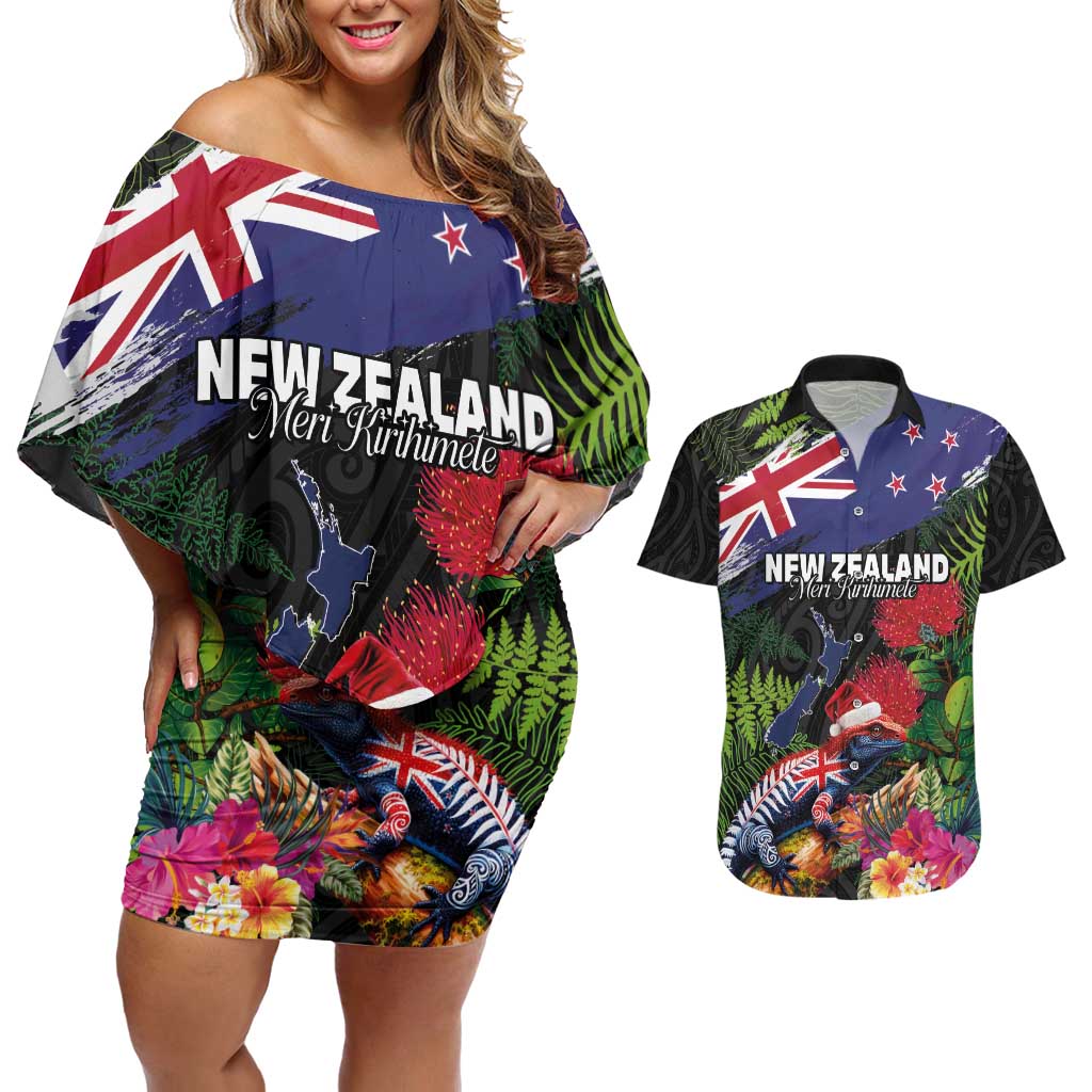 New Zealand Christmas Couples Matching Off Shoulder Short Dress and Hawaiian Shirt Meri Kirihimete-Tuatara and Pohutukawa Black Color