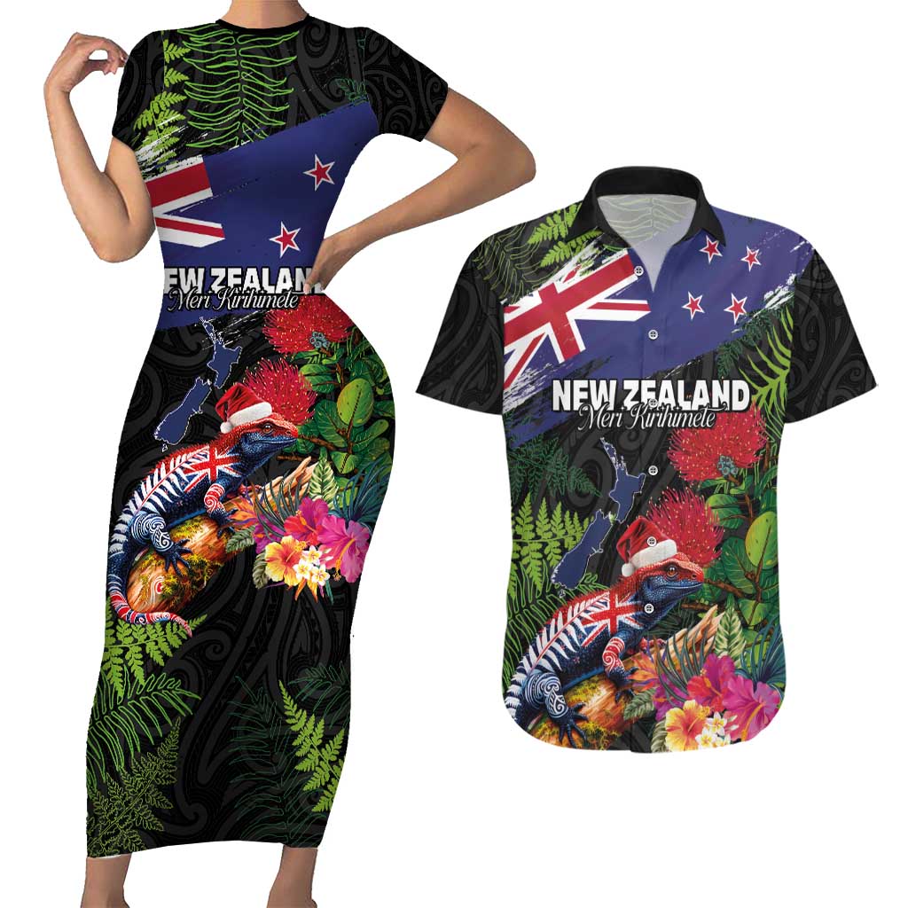New Zealand Christmas Couples Matching Short Sleeve Bodycon Dress and Hawaiian Shirt Meri Kirihimete-Tuatara and Pohutukawa Black Color