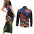 New Zealand Christmas Couples Matching Short Sleeve Bodycon Dress and Long Sleeve Button Shirt Meri Kirihimete-Tuatara and Pohutukawa Black Color