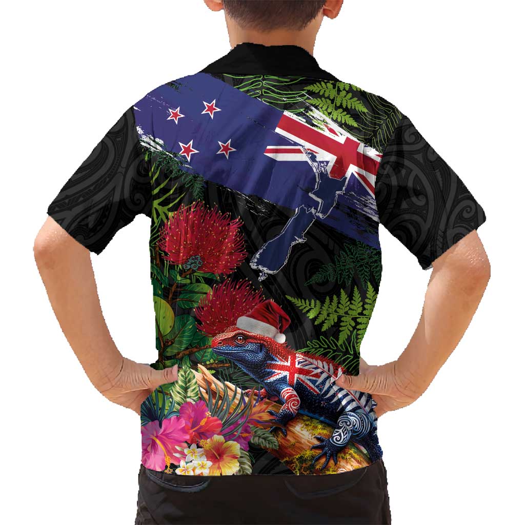 New Zealand Christmas Family Matching Long Sleeve Bodycon Dress and Hawaiian Shirt Meri Kirihimete-Tuatara and Pohutukawa Black Color