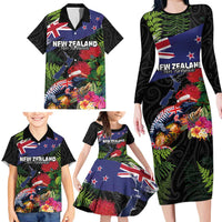 New Zealand Christmas Family Matching Long Sleeve Bodycon Dress and Hawaiian Shirt Meri Kirihimete-Tuatara and Pohutukawa Black Color