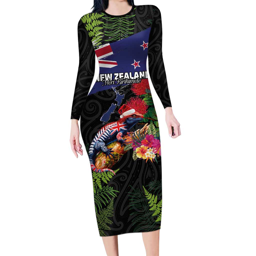 New Zealand Christmas Family Matching Long Sleeve Bodycon Dress and Hawaiian Shirt Meri Kirihimete-Tuatara and Pohutukawa Black Color