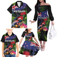 New Zealand Christmas Family Matching Off The Shoulder Long Sleeve Dress and Hawaiian Shirt Meri Kirihimete-Tuatara and Pohutukawa Black Color