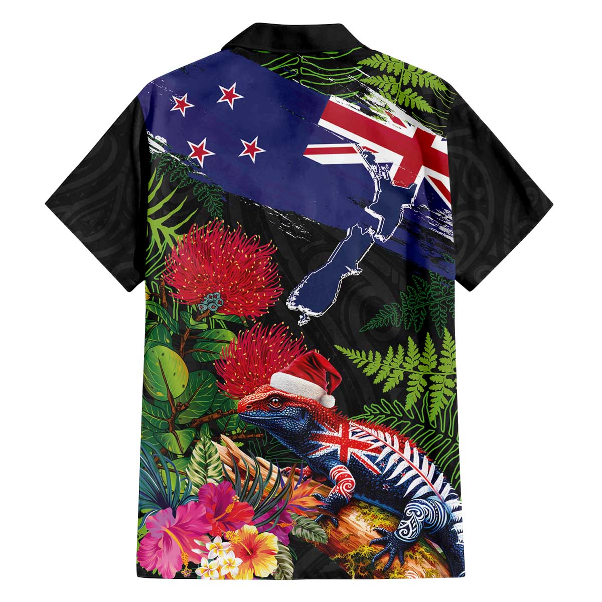 New Zealand Christmas Family Matching Off The Shoulder Long Sleeve Dress and Hawaiian Shirt Meri Kirihimete-Tuatara and Pohutukawa Black Color