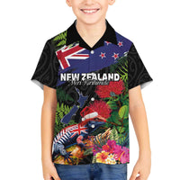 New Zealand Christmas Family Matching Off The Shoulder Long Sleeve Dress and Hawaiian Shirt Meri Kirihimete-Tuatara and Pohutukawa Black Color
