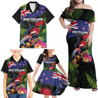 New Zealand Christmas Family Matching Off Shoulder Maxi Dress and Hawaiian Shirt Meri Kirihimete-Tuatara and Pohutukawa Black Color