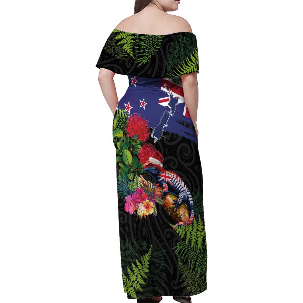 New Zealand Christmas Family Matching Off Shoulder Maxi Dress and Hawaiian Shirt Meri Kirihimete-Tuatara and Pohutukawa Black Color