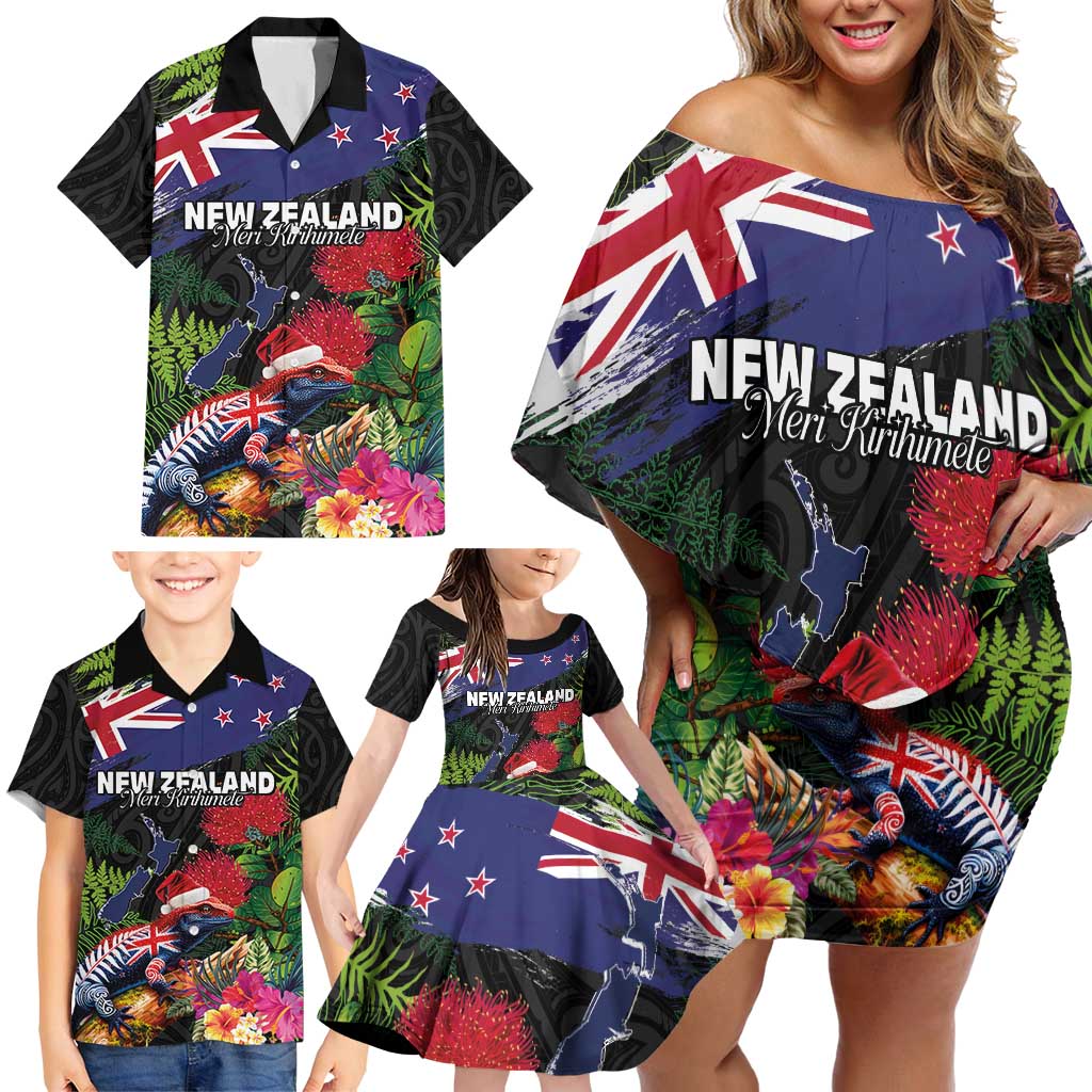 New Zealand Christmas Family Matching Off Shoulder Short Dress and Hawaiian Shirt Meri Kirihimete-Tuatara and Pohutukawa Black Color