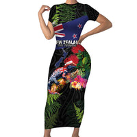 New Zealand Christmas Family Matching Short Sleeve Bodycon Dress and Hawaiian Shirt Meri Kirihimete-Tuatara and Pohutukawa Black Color