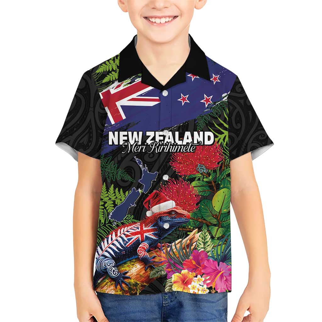 New Zealand Christmas Kid Hawaiian Shirt Meri Kirihimete-Tuatara and Pohutukawa Black Color