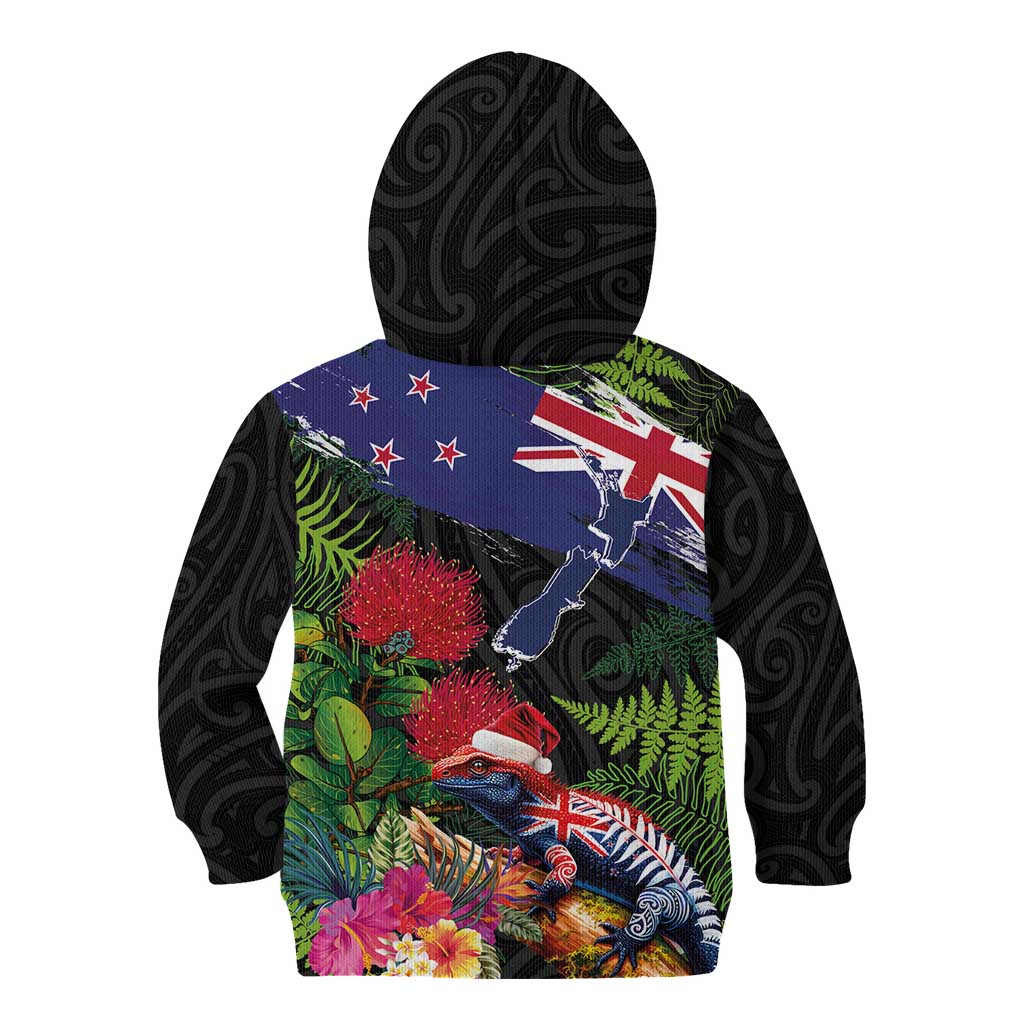 New Zealand Christmas Kid Hoodie Meri Kirihimete-Tuatara and Pohutukawa Black Color