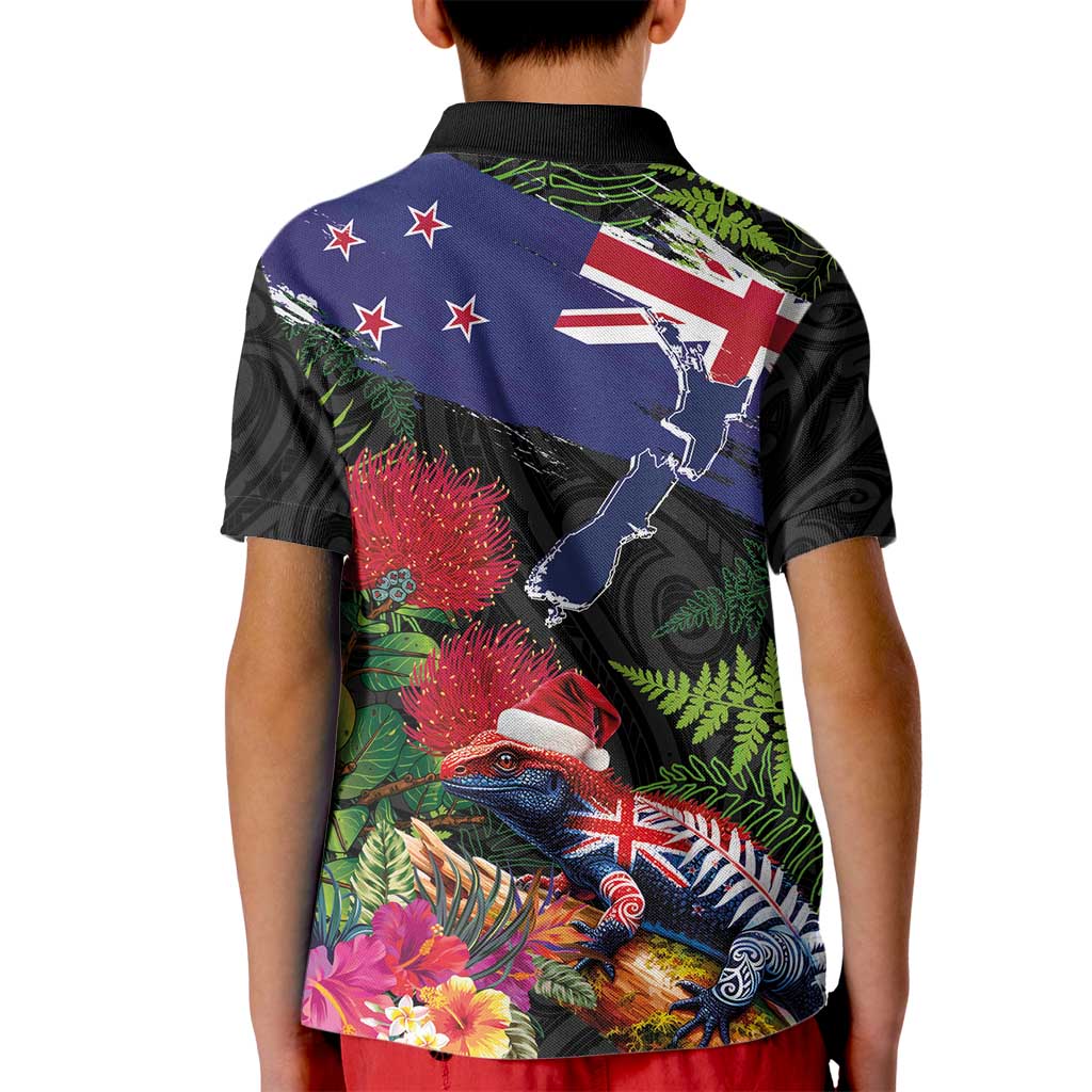 New Zealand Christmas Kid Polo Shirt Meri Kirihimete-Tuatara and Pohutukawa Black Color