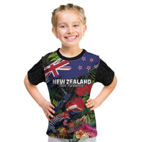New Zealand Christmas Kid T Shirt Meri Kirihimete-Tuatara and Pohutukawa Black Color