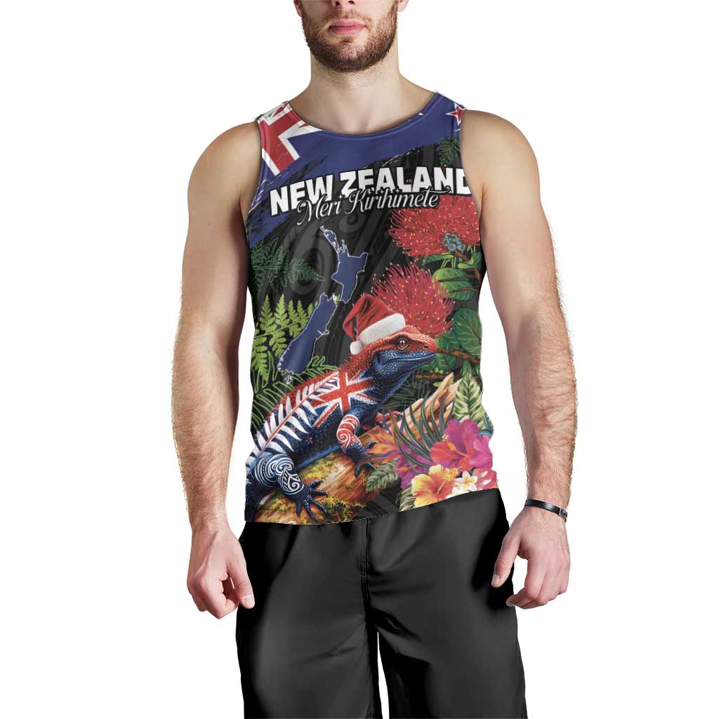 New Zealand Christmas Men Tank Top Meri Kirihimete-Tuatara and Pohutukawa Black Color