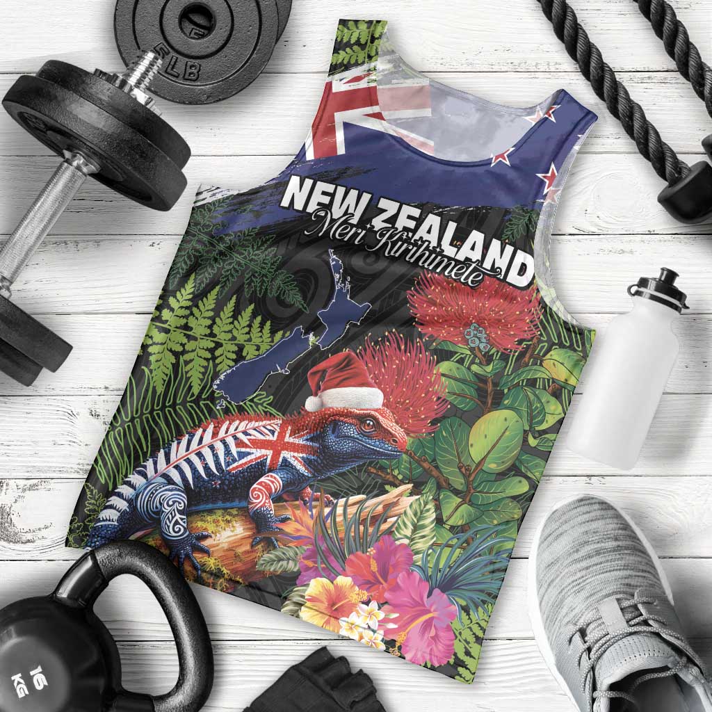 New Zealand Christmas Men Tank Top Meri Kirihimete-Tuatara and Pohutukawa Black Color