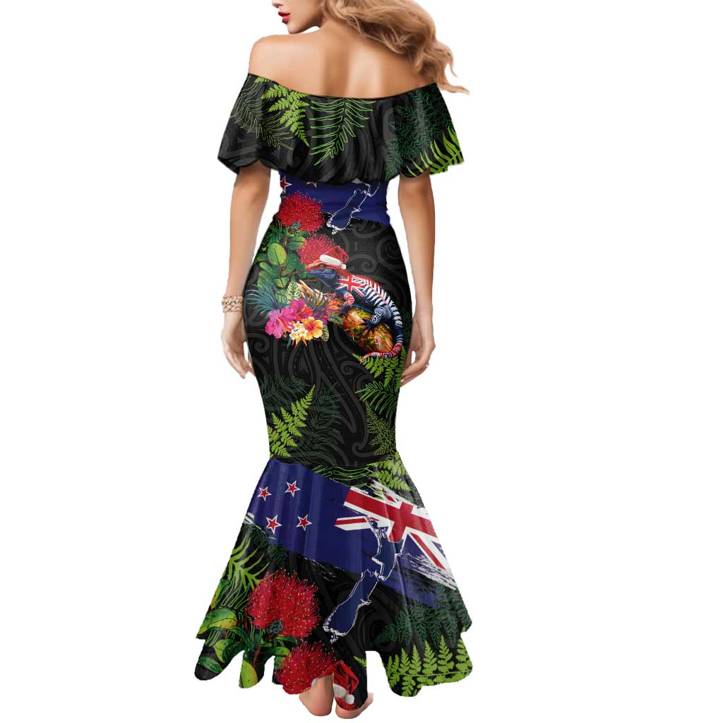 New Zealand Christmas Mermaid Dress Meri Kirihimete-Tuatara and Pohutukawa Black Color