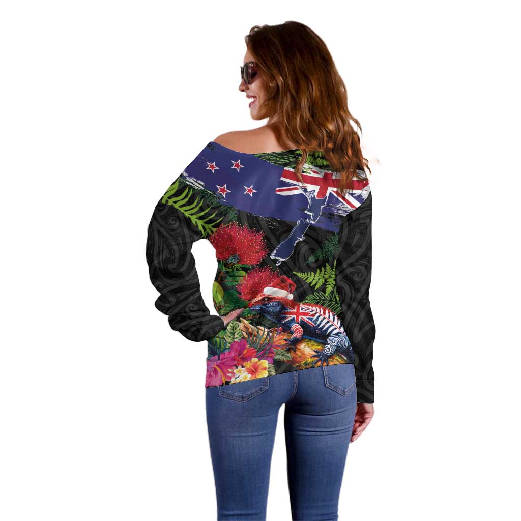 New Zealand Christmas Off Shoulder Sweater Meri Kirihimete-Tuatara and Pohutukawa Black Color