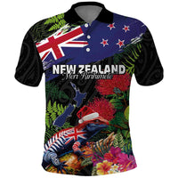 New Zealand Christmas Polo Shirt Meri Kirihimete-Tuatara and Pohutukawa Black Color
