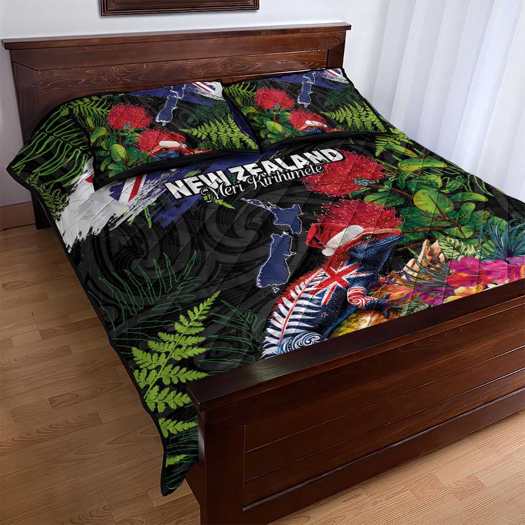 New Zealand Christmas Quilt Bed Set Meri Kirihimete-Tuatara and Pohutukawa Black Color