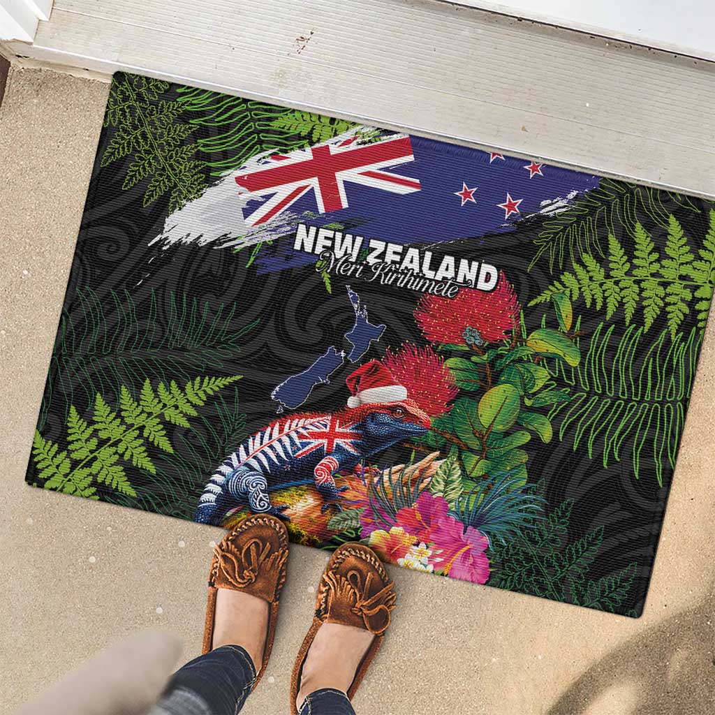 New Zealand Christmas Rubber Doormat Meri Kirihimete-Tuatara and Pohutukawa Black Color