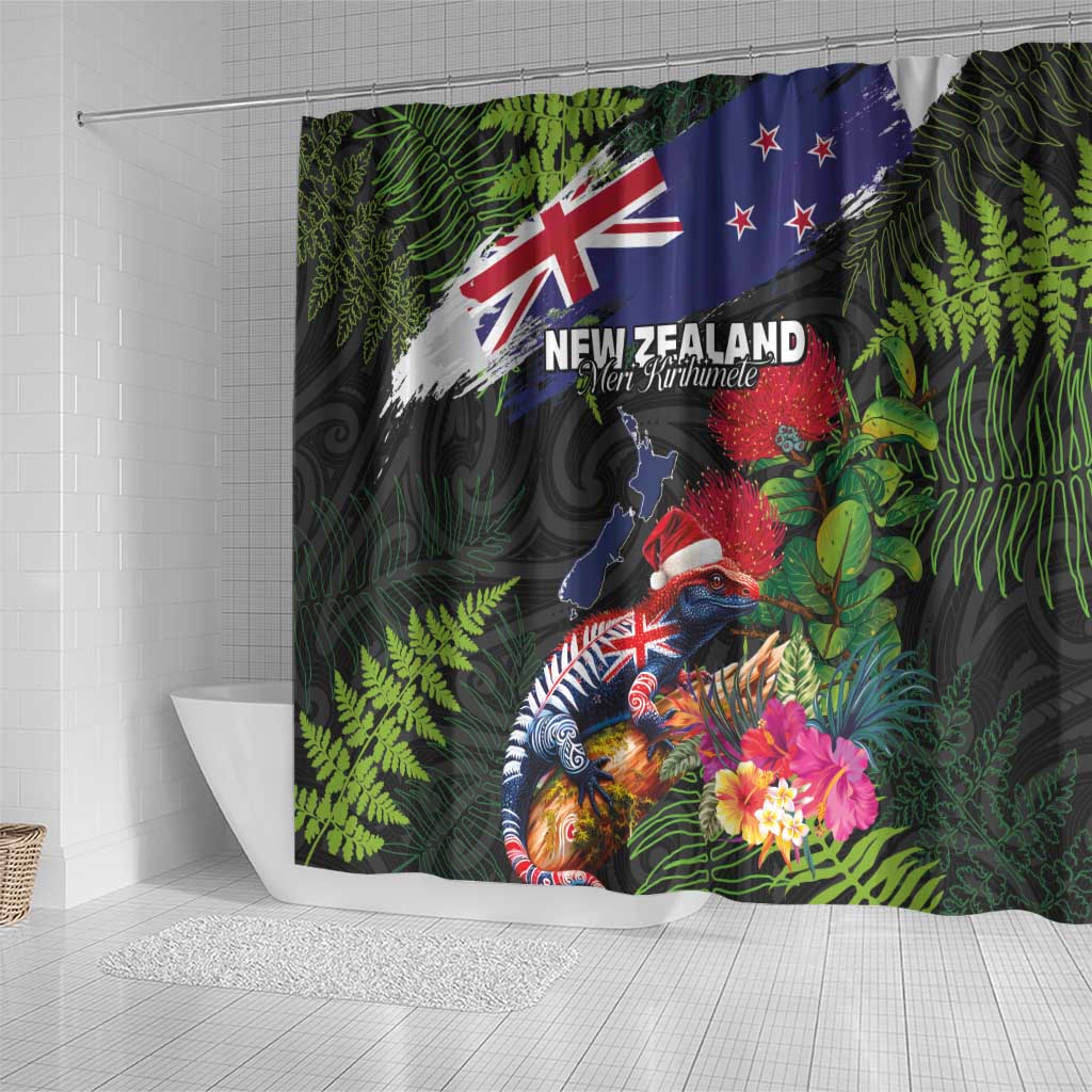 New Zealand Christmas Shower Curtain Meri Kirihimete-Tuatara and Pohutukawa Black Color