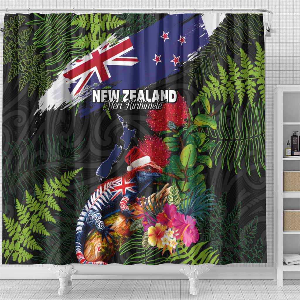New Zealand Christmas Shower Curtain Meri Kirihimete-Tuatara and Pohutukawa Black Color