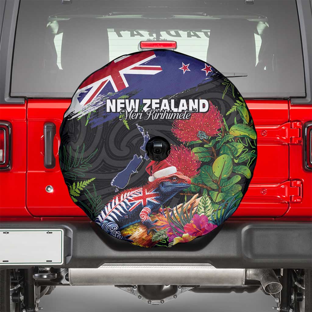 New Zealand Christmas Spare Tire Cover Meri Kirihimete-Tuatara and Pohutukawa Black Color
