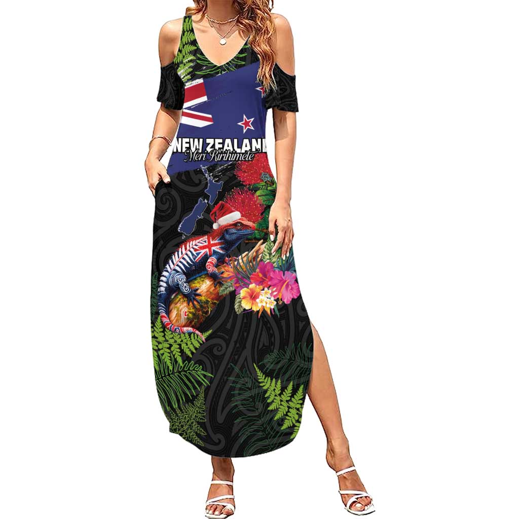 New Zealand Christmas Summer Maxi Dress Meri Kirihimete-Tuatara and Pohutukawa Black Color