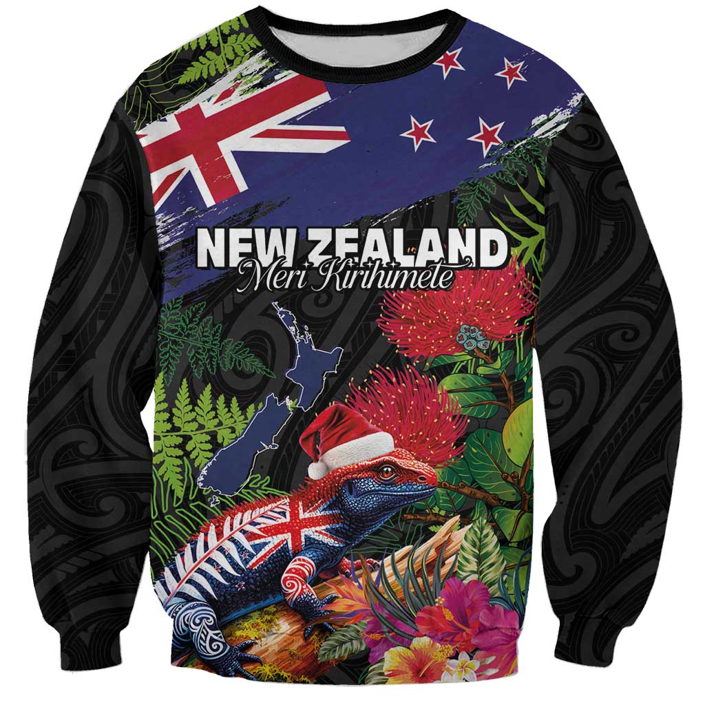 New Zealand Christmas Sweatshirt Meri Kirihimete-Tuatara and Pohutukawa Black Color
