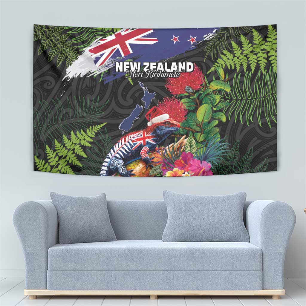 New Zealand Christmas Tapestry Meri Kirihimete-Tuatara and Pohutukawa Black Color
