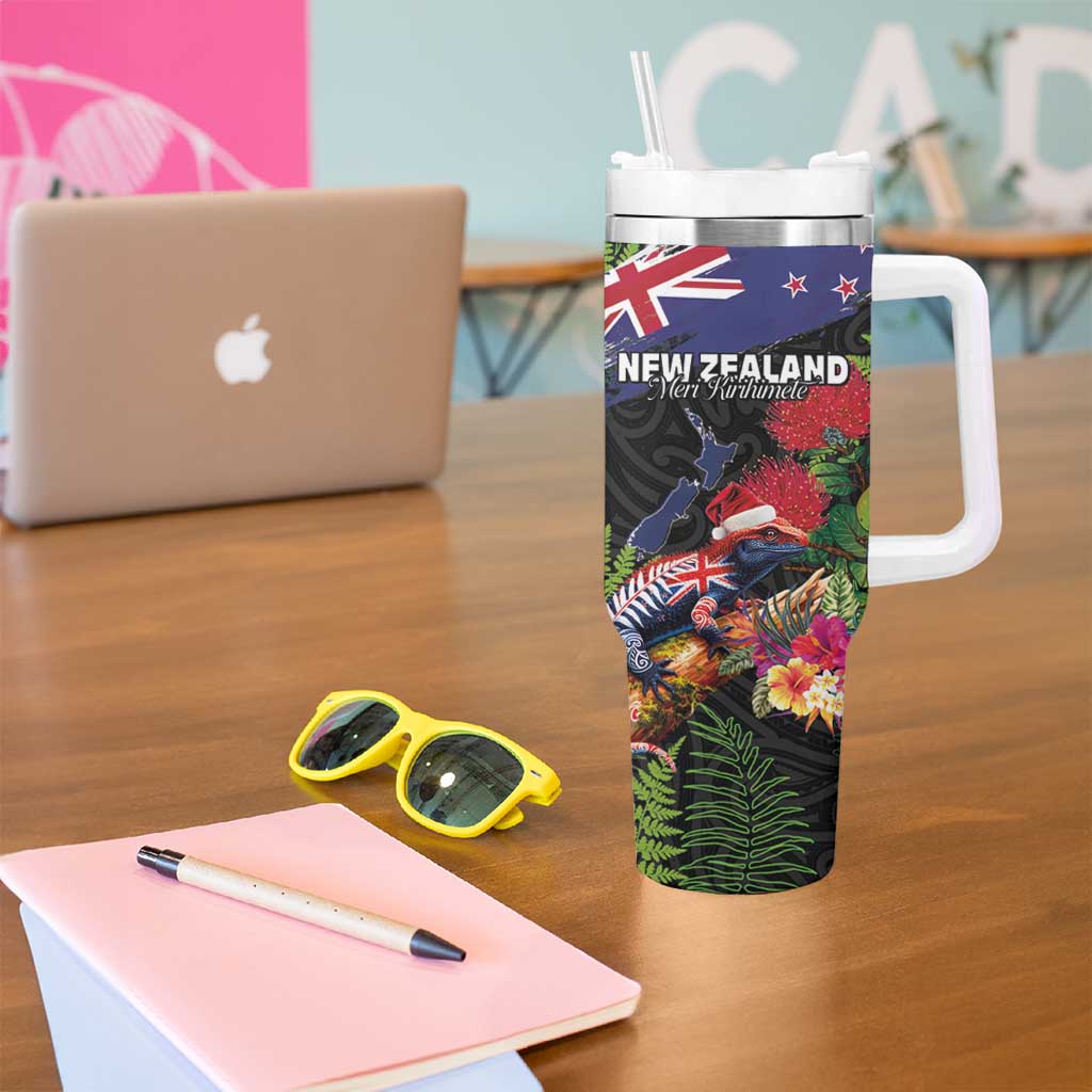 New Zealand Christmas Tumbler With Handle Meri Kirihimete-Tuatara and Pohutukawa Black Color
