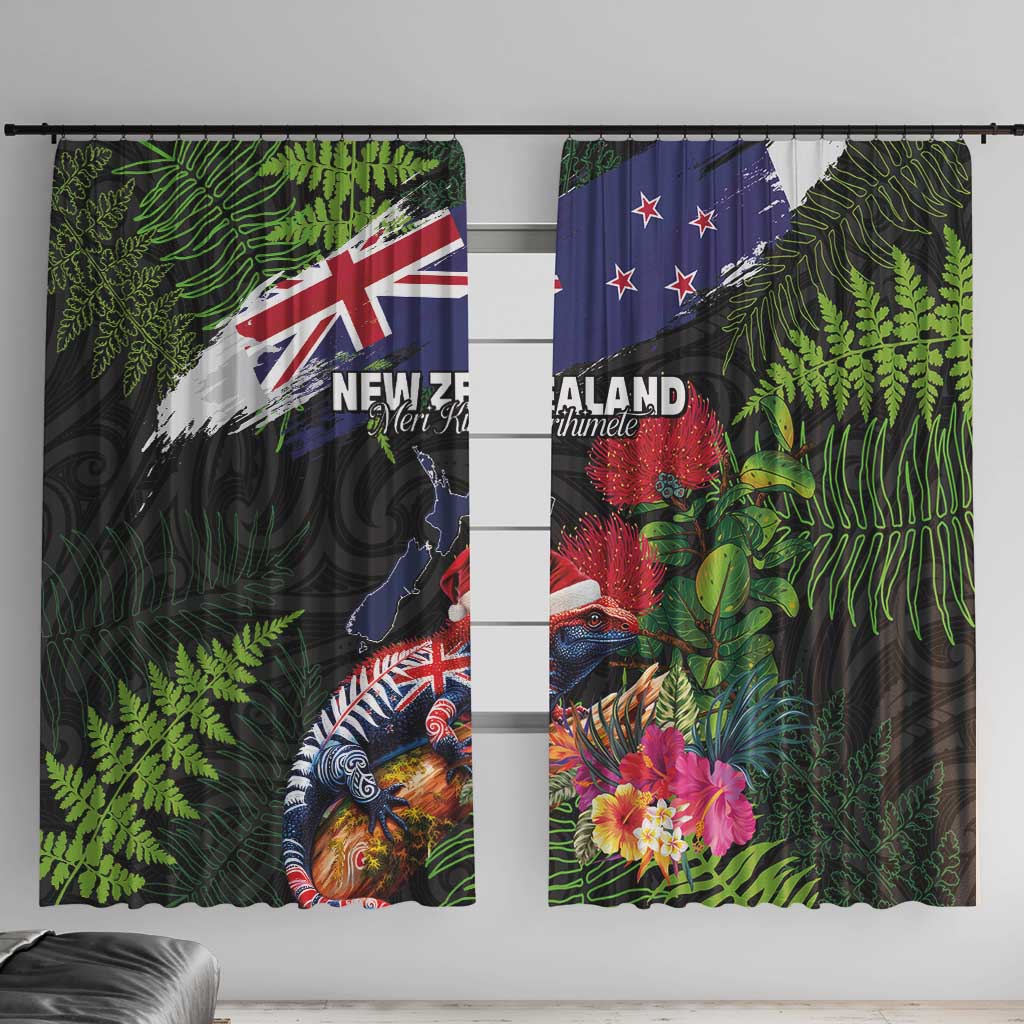 New Zealand Christmas Window Curtain Meri Kirihimete-Tuatara and Pohutukawa Black Color