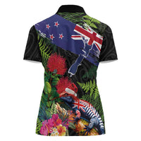 New Zealand Christmas Women Polo Shirt Meri Kirihimete-Tuatara and Pohutukawa Black Color
