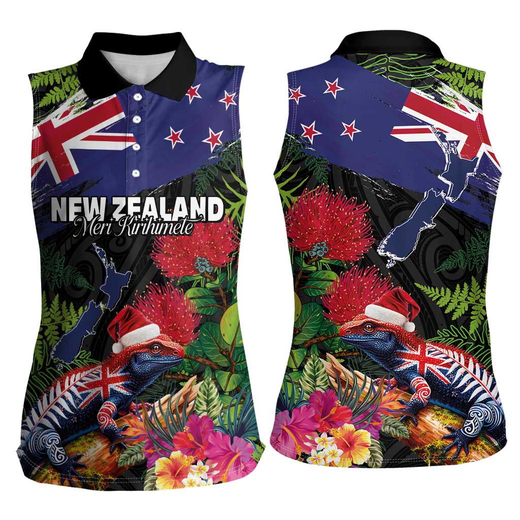 New Zealand Christmas Women Sleeveless Polo Shirt Meri Kirihimete-Tuatara and Pohutukawa Black Color