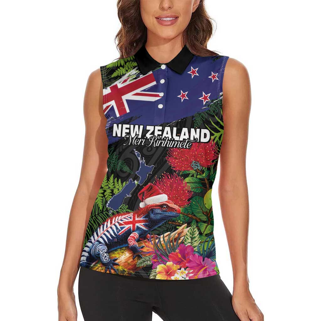 New Zealand Christmas Women Sleeveless Polo Shirt Meri Kirihimete-Tuatara and Pohutukawa Black Color