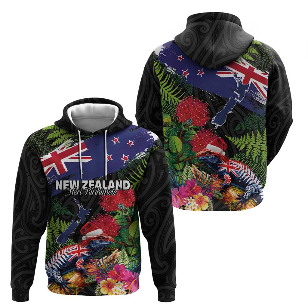 New Zealand Christmas Zip Hoodie Meri Kirihimete-Tuatara and Pohutukawa Black Color