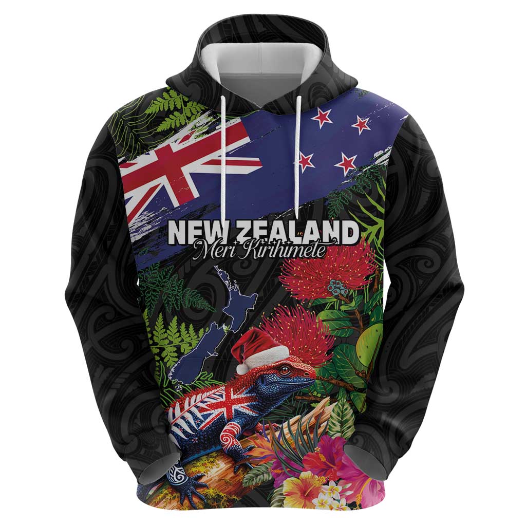 New Zealand Christmas Zip Hoodie Meri Kirihimete-Tuatara and Pohutukawa Black Color