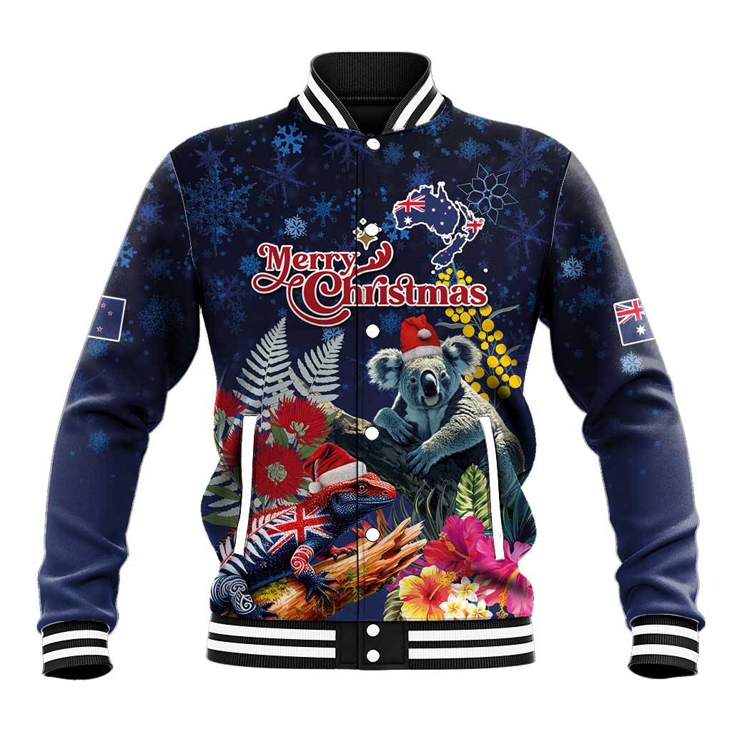 Australia and New Zealand Baseball Jacket Merry Christmas-Tuatara and Koala with Plants Xmas Style
