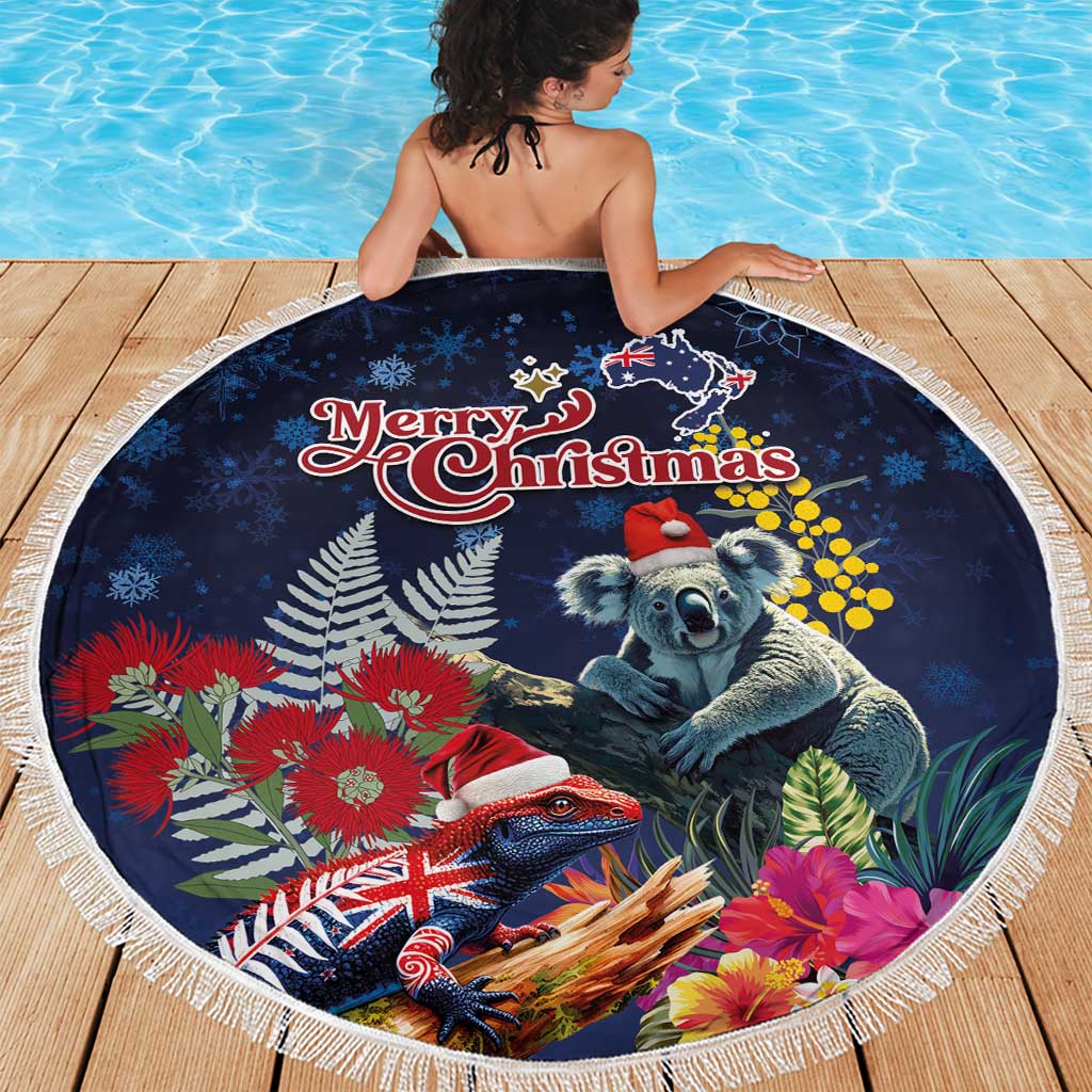 Australia and New Zealand Beach Blanket Merry Christmas-Tuatara and Koala with Plants Xmas Style