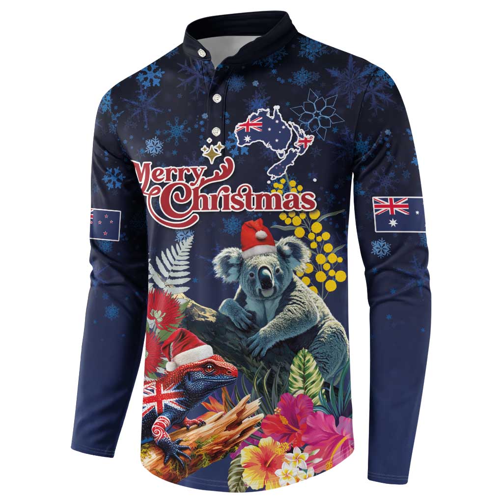 Australia and New Zealand Button Sweatshirt Merry Christmas-Tuatara and Koala with Plants Xmas Style