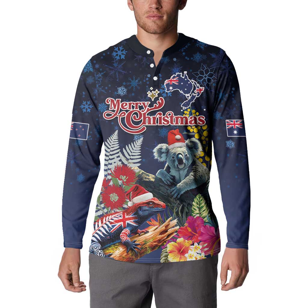 Australia and New Zealand Button Sweatshirt Merry Christmas-Tuatara and Koala with Plants Xmas Style