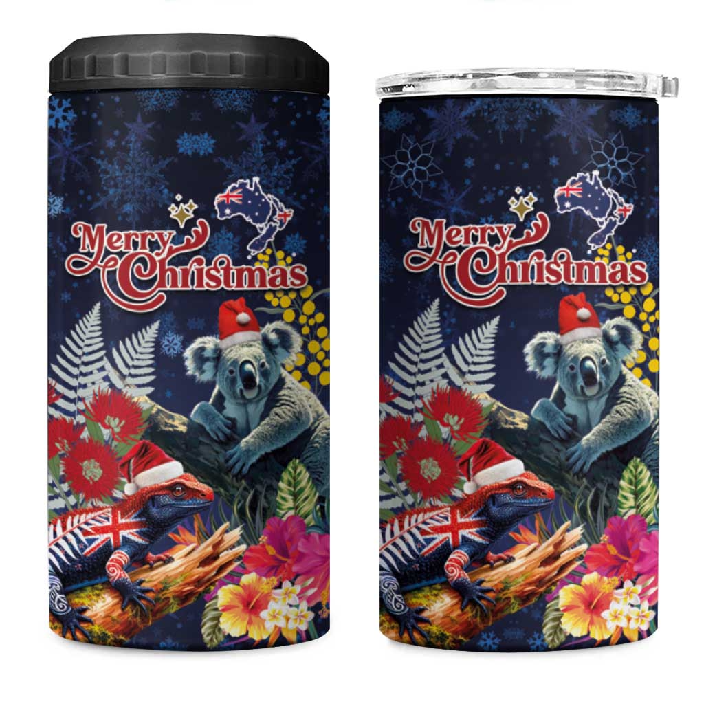Australia and New Zealand 4 in 1 Can Cooler Tumbler Merry Christmas-Tuatara and Koala with Plants Xmas Style