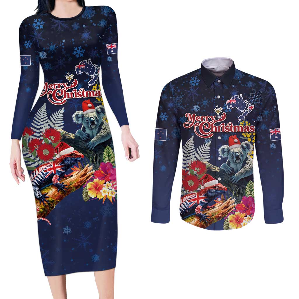 Australia and New Zealand Couples Matching Long Sleeve Bodycon Dress and Long Sleeve Button Shirt Merry Christmas-Tuatara and Koala with Plants Xmas Style